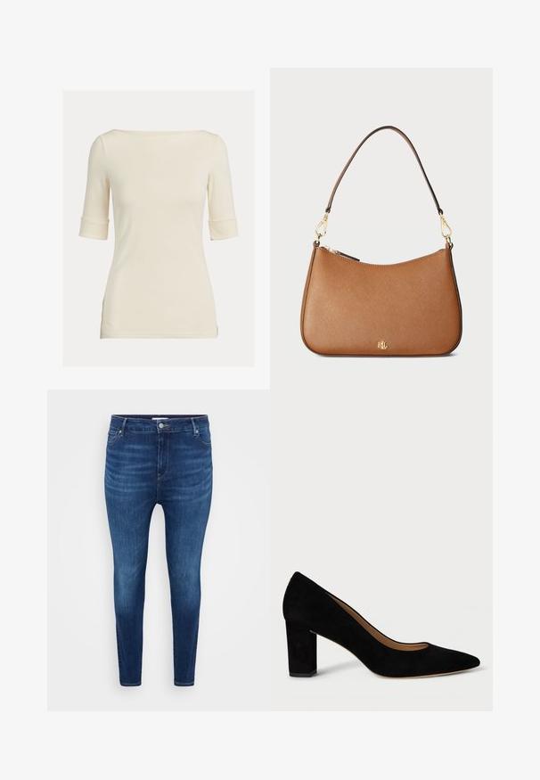 Top cu mâneci scurte de culoare crem, cu decolteu barcă, confecționat dintr-un material moale. Are manșete răsucite și un design cu croială strâmtă.; Jeans skinny bleumarin închis cu buzunare frontale, bucle pentru curea și închidere cu nasture pe un fundal simplu deschis.; Pantof cu toc înalt din suede negru, cu vârful ascuțit și toc pătrat. Designul prezintă o textură netedă și o siluetă clasică.; Geantă de umăr din piele texturată de culoare maro, cu o formă curbată, hardware de culoare aurie și un singur umăr. Include un închidere cu fermoar și detalii cu logo.; Cercei cu tija aurie, cu un design răsucit. Fiecare cercel are un fundal circular transparent pentru o purtare sigură.