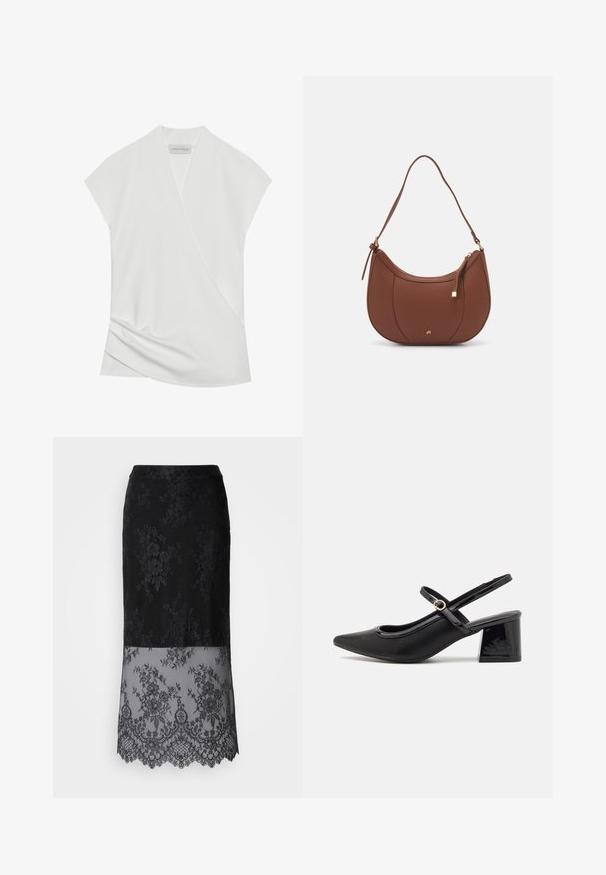 Balts īsām piedurknēm blūze ar aplokša dizainu, kurai ir nemanāms krokas ap apakšmalu un gluda, mīksta tekstūra. Etiķete skan "ANNA FIELD."; Melna mežģīņu svārku ar ziedu rakstu, kas satur caurspīdīgu apakšējo daļu ar viļņotu apakšmalu, gludu jostu un pieguļošu siluetu.; Melns patentēts ādas sandales ar norādīta pirksta formu, noapaļotu izgriezuma dizainu un bloķētu papēdi. Iezīmēta ar zelta toņa sprādzi.; Brūns mākslīgās ādas pleca soma ar izliekta forma, minimāls šuvums un zelta toņa aparatūras akcenti. Aprīkota ar augšējo rāvējslēdzēju un regulējamu siksnu.