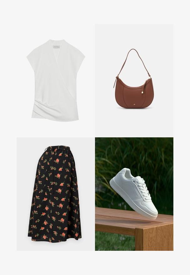 Witte korte mouwen blouse met een wikkeldesign, met subtiele draping aan de zoom en een gladde, zachte textuur. Label leest "ANNA FIELD."; Zwarte bloemenrok met een elastische tailleband, voorzien van rode en groene bloemenpatronen en een vloeiende, lichte textuur.; Witte sneaker met een gladde synthetische bovenkant, geperforeerde neus, platte veters en een gestructureerde zool, tentoongesteld op een houten oppervlak.; Bruine faux leren schoudertas met een gebogen vorm, minimale stiksels en een gouden hardware-accent. Voorzien van een bovenste ritsluiting en een verstelbare schouderband.