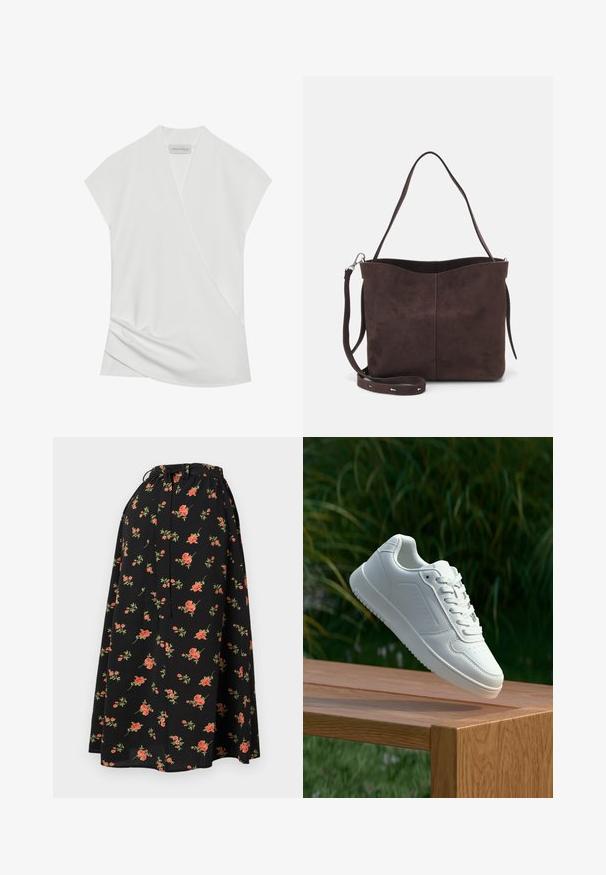 Blouse blanche à manches courtes avec un design drapé, présentant un léger tombé à l'ourlet et une texture lisse et douce. L'étiquette indique "ANNA FIELD."; Jupe noire à motifs floraux avec une taille à cordon, ornée de motifs de fleurs rouges et vertes, et d'une texture légère et fluide.; Sneakers blanches avec une tige synthétique lisse, un avant perforé, des lacets plats et une semelle texturée, présentées sur une surface en bois.; Sac fourre-tout en suède brun avec une texture douce, présentant une seule bandoulière et une ouverture supérieure légèrement courbée. Aucun détail de matériel visible.