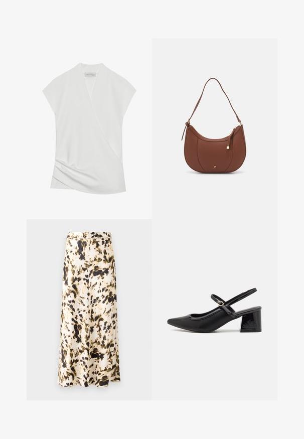 Fehér, rövid ujjú blúz, átkötős dizájnnal, finom redőzéssel az alján és sima, puha textúrával. A címkén az áll, hogy "ANNA FIELD."; Egy térdig érő szoknya világos anyagból, bézs, barna és zöld absztrakt mintával. Illeszkedő derékrésszel és lebegő fazonnal rendelkezik.; Fekete lakk bőr, pántos magassarkú cipő, hegyes orral, lekerekített kivágással és tömbsarkal. Arany színű csat díszíti.; Barna műbőr válltáska ívelt formával, minimális varrással és arany színű kiegészítőkkel. Jellemzője a felső cipzáras záródás és állítható pánt.