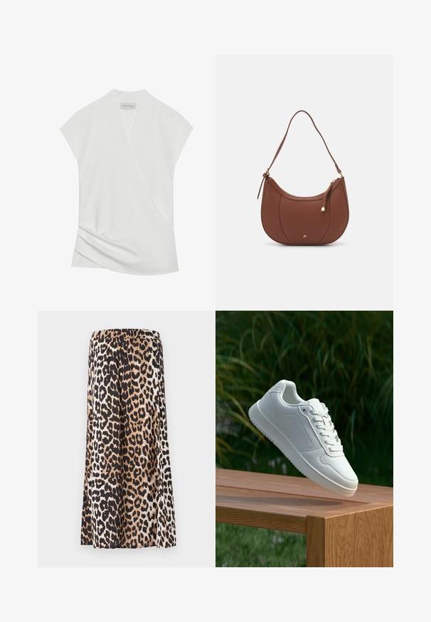 Valge lühikeste varrukatega pluus, millel on rätsepdisain, õrnalt langevad äärised ja sile, pehme tekstuur. Sildil on kirjas "ANNA FIELD."; Vero Moda Maternity VMMJOSIE SKIRT - A-lõikeline seelik - egret; Valged sneakerd, millel on sile sünteetiline ülemine osa, väikeste aukudega varvaskast, lamedad paelad ja tekstuuriga tald, eksponeeritud puidust pinnal.; Pruun faux nahast õlaline kott, millel on kaarjas kuju, minimaalne õmblemine ja kuldse tooni metallist aksessuaar. Omab ülemist tõmblukku ja reguleeritavat rihma.