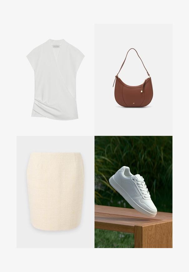 Balts īsām piedurknēm blūze ar aplokša dizainu, kurai ir nemanāms krokas ap apakšmalu un gluda, mīksta tekstūra. Etiķete skan "ANNA FIELD."; Austa krēmkrāsas zīda svārki ar teksturētu apdari, ar taisnu siluetu un smalkām vertikālām svītrām visā virsmā.; Baltie sporta apavi ar gludu sintētisku augšpusi, perforētu pirkstu daļu, plakani šņorēm un rakstainu zoli, novietoti uz koka virsmas.; Brūns mākslīgās ādas pleca soma ar izliekta forma, minimāls šuvums un zelta toņa aparatūras akcenti. Aprīkota ar augšējo rāvējslēdzēju un regulējamu siksnu.