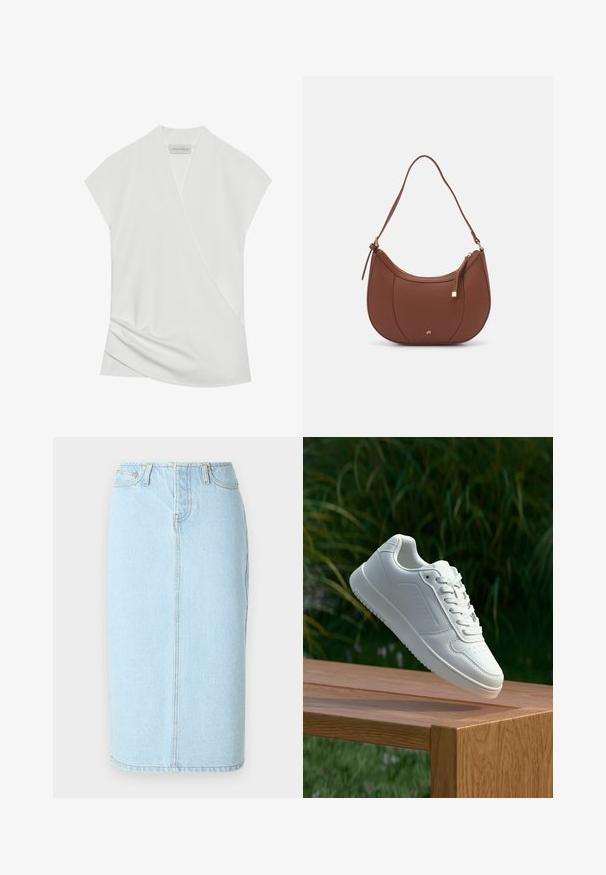 Balts īsām piedurknēm blūze ar aplokša dizainu, kurai ir nemanāms krokas ap apakšmalu un gluda, mīksta tekstūra. Etiķete skan "ANNA FIELD."; Gaiši zils džinsu svārku zīmuļu formas, ar augstu jostasvietu, piecām kabatām un smalkiem izšuvumu akcentiem pie šuvēm.; Baltie sporta apavi ar gludu sintētisku augšpusi, perforētu pirkstu daļu, plakani šņorēm un rakstainu zoli, novietoti uz koka virsmas.; Brūns mākslīgās ādas pleca soma ar izliekta forma, minimāls šuvums un zelta toņa aparatūras akcenti. Aprīkota ar augšējo rāvējslēdzēju un regulējamu siksnu.