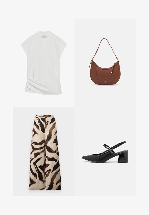 Fehér, rövid ujjú blúz, átkötős dizájnnal, finom redőzéssel az alján és sima, puha textúrával. A címkén az áll, hogy "ANNA FIELD."; Széles lábú nadrág könnyű anyagból, bézs alapon barna és fekete tigriscsíkos mintával, oldalsó zsebekkel.; Fekete lakk bőr, pántos magassarkú cipő, hegyes orral, lekerekített kivágással és tömbsarkal. Arany színű csat díszíti.; Barna műbőr válltáska ívelt formával, minimális varrással és arany színű kiegészítőkkel. Jellemzője a felső cipzáras záródás és állítható pánt.