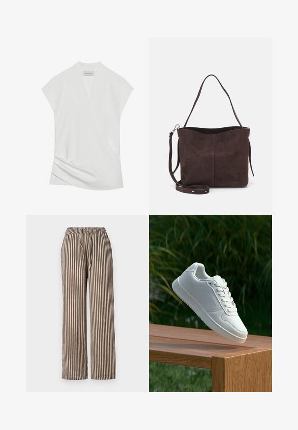 Balta trumpa rankovėmis bluzonė su apvalkalo dizainu, su subtiliu drapavimu apvadu ir sklandžia, švelnia tekstūra. Etiketėje parašyta "ANNA FIELD."; Bežinės plačios kojos kelnės su tamsiai mėlynomis vertikaliomis juostelėmis. Turi elastingą juosmenį su raišteliu ir šoninėmis kišenėmis. Minkšta audinio tekstūra.; Balti sneakeriai su lygia sintetine viršutine dalimi, perforuota pirštų zona, plokščiomis raištelėmis ir tekstūruotu padu, padėti ant medinės paviršiaus.; Ruda suede audinė su minkšta tekstūra, turinti vieną petį ir subtilų kreivinį viršutinį atidarymą. Matomų metalinių detalių nėra.