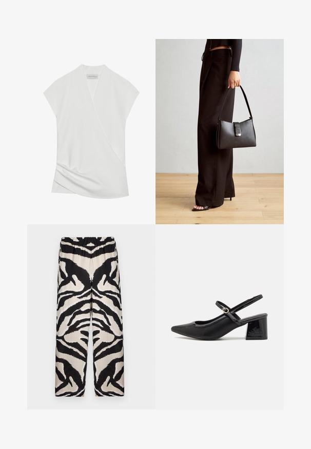 Blusa bianca a maniche corte con design avvolgente, caratterizzata da pieghe sottili all'orlo e una texture liscia e morbida. Etichetta con la scritta "ANNA FIELD."; Pantaloni ampi neri e beige con un motivo a strisce zebra audaci, dotati di una vita elastica e realizzati in un tessuto morbido.; Décolleté in vernice nera con cinturino dietro, punta affusolata, design con ritagli arrotondati e tacco a blocco. Presenta un accento di fibbia tono oro.; Borsa nera con forma strutturata, texture liscia e una chiusura metallica. Abbinata a pantaloni neri larghi e sandali open-toe su un pavimento in legno.
