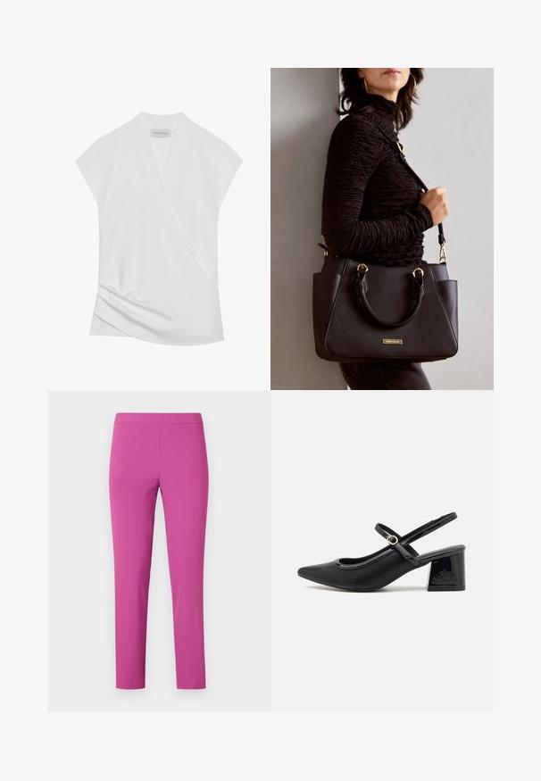 White short-sleeve blouse with a wrap design, featuring subtle draping at the hem and a smooth, soft texture. Label reads "ANNA FIELD."; Fitted, high-waisted pants in vibrant pink, made of smooth, stretchy fabric. Ankle-length cut with no visible pockets or fastenings.; Black patent leather slingback heels with a pointed toe, a rounded cutout design, and a block heel. Features a gold-tone buckle accent.; Black handbag with textured surface, dual top handles, and adjustable shoulder strap. Features gold-tone hardware and side pockets.