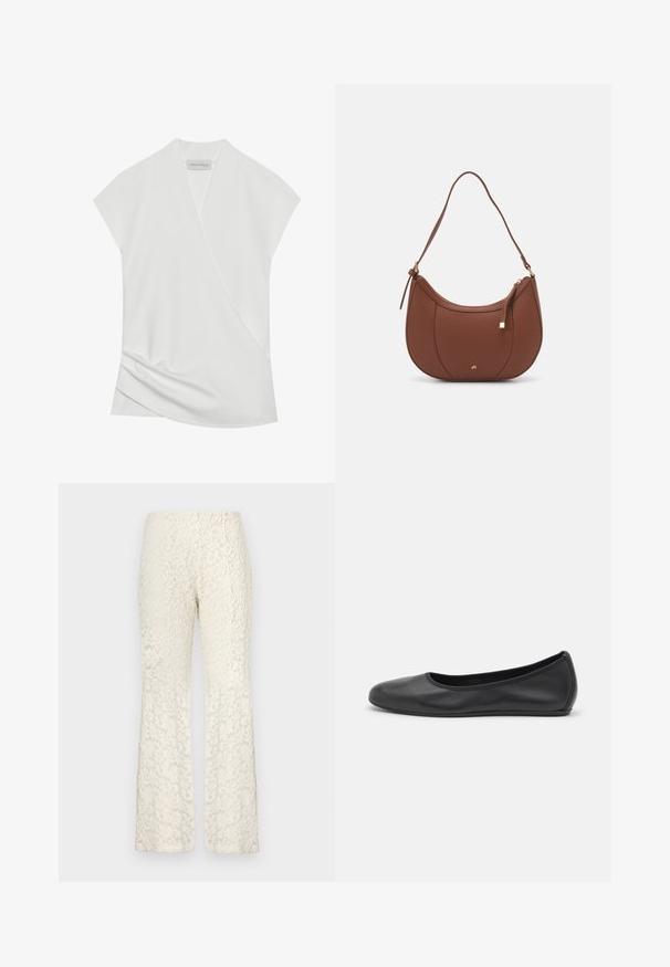 Biela blúzka s krátkym rukávom a prehodeným dizajnom, s nenápadným drapovaním na leme a hladkou, jemnou textúrou. Odznak s nápisom "ANNA FIELD."; Krajkové široké nohavice v off-white farbe, s celoplošným kvetinovým vzorom, hladkou textúrou a obopnutým pásom.; Čierne kožené baleríny s okrúhlou špičkou, hladkým povrchom, minimálnym prešívaním a flexibilným dizajnom podrážky.; Hnedá umelá kožená taška cez rameno s zakriveným tvarom, minimalistickým šitím a zlatými akcentami. Obsahuje zips na vrchu a nastaviteľný popruh.