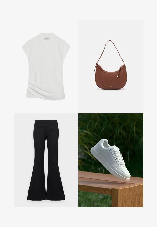 Fehér, rövid ujjú blúz, átkötős dizájnnal, finom redőzéssel az alján és sima, puha textúrával. A címkén az áll, hogy "ANNA FIELD."; Fekete, trapéznadrág sima anyagból, illeszkedő felsőrésszel és széles lábakkal, látható díszítések vagy zsebek nélkül.; Fehér sportcipő sima szintetikus felsőrésszel, perforált lábujjrész, lapos fűzőkkel és texturált talppal, fából készült felületen kihelyezve.; Barna műbőr válltáska ívelt formával, minimális varrással és arany színű kiegészítőkkel. Jellemzője a felső cipzáras záródás és állítható pánt.