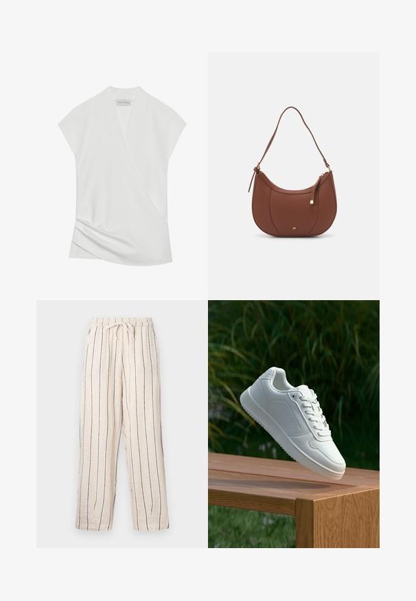 White short-sleeve blouse with a wrap design, featuring subtle draping at the hem and a smooth, soft texture. Label reads "ANNA FIELD."; Linen blend pants in beige with navy vertical stripes, elastic waistband, and adjustable drawstring. Wide-leg cut and lightweight texture.; White sneaker with a smooth synthetic upper, perforated toe box, flat laces, and a textured sole, displayed on a wooden surface.; Brown faux leather shoulder bag with curved shape, minimal stitching, and a gold-tone hardware accent. Features a top zipper closure and adjustable strap.