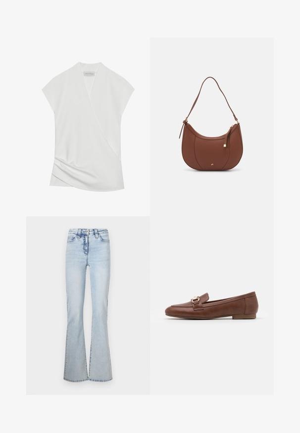 Fehér, rövid ujjú blúz, átkötős dizájnnal, finom redőzéssel az alján és sima, puha textúrával. A címkén az áll, hogy "ANNA FIELD."; Világoskék, harangszárú farmernadrág, magas derekú, öt zsebes kialakítással, elülső és hátsó varrások mentén finoman kopott hatással.; Barna bőr loaferek lapos talppal, varrott dizájnnal és egy arany színű csattal a vádlin átnyúló pánton.; Barna műbőr válltáska ívelt formával, minimális varrással és arany színű kiegészítőkkel. Jellemzője a felső cipzáras záródás és állítható pánt.