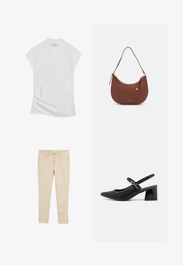 Blouse blanche à manches courtes avec un design drapé, présentant un léger tombé à l'ourlet et une texture lisse et douce. L'étiquette indique "ANNA FIELD."; Jean skinny en coton beige avec une fermeture à cinq boutons, poches avant et détails de couture subtils. Texture lisse et design ajusté.; Escarpins slingback en cuir verni noir avec un embout pointu, un design à découpes arrondies et un talon carré. Présente un accent de boucle en ton doré.; Sac à épaule en faux cuir brun, de forme arrondie, avec des coutures minimales et un accent en matériel doré. Il possède une fermeture zippée sur le dessus et une sangle réglable.