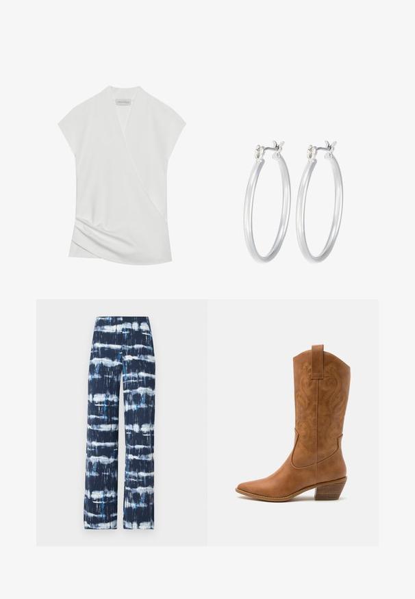 Valge lühikeste varrukatega pluus, millel on rätsepdisain, õrnalt langevad äärised ja sile, pehme tekstuur. Sildil on kirjas "ANNA FIELD."; Sügavsinised laiad püksid, millel on valgete ja türkiissiniste batikimustrid. Valmistatud kergest kangast, millel on sile tekstuur ja mugav lõige.; Kohvitooni nahast cowboy-kork, millel on terav varvas, tikitud keerised varrel ja virnastatud ploki konts. Omab tõmbeava, et seda oleks lihtne jalga panna.; Hõbedased rõngaskõrvarõngad, millel on sile, läikiv viimistlus. Ümmargune kuju ja turvaline klõpsulatus. Kerge disain, sobib igapäevaseks kandmiseks.