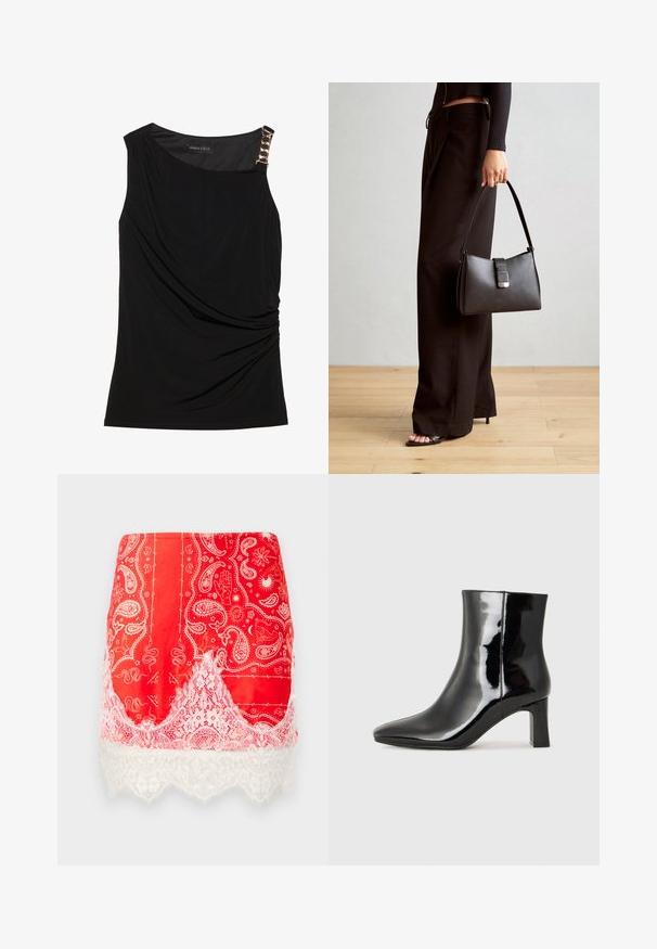 Top senza maniche nera con tessuto arricciato, dotata di un colletto liscio e un accento decorativo di catena dorata sulla spalla sinistra.; Mini gonna rossa con stampe a paisley bianche e motivi mistici, rifinita con pizzo floreale bianco all'orlo.; Stivaletto in pelle verniciata nera con punta a punta e tacco a blocco di altezza media. Texture liscia e design minimalista.; Borsa nera con forma strutturata, texture liscia e una chiusura metallica. Abbinata a pantaloni neri larghi e sandali open-toe su un pavimento in legno.