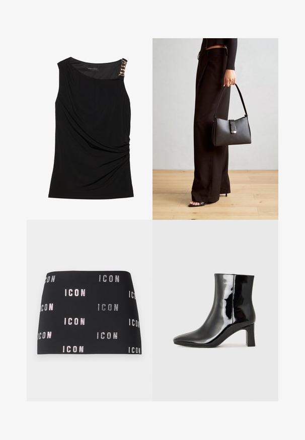 Schwarzes ärmelloses Top mit gerafftem Stoff, das einen glatten Ausschnitt und ein dekoratives goldfarbenes Kettenakzent auf der linken Schulter hat.; Schwarzer Minirock mit glitzerndem "ICON"-Text in einem sich wiederholenden Muster über den Stoff, glatte Textur mit tailliertem Design.; Schwarzer Lackleder-Stiefelette mit spitzer Zehe und einem mittelhohen Blockabsatz. Glatte Textur und minimalistisches Design.; Schwarze Handtasche mit strukturierter Form, glatter Textur und einem metallischen Verschluss. Kombiniert mit weiten schwarzen Hosen und offenen Sandalen auf einem Holzboden.