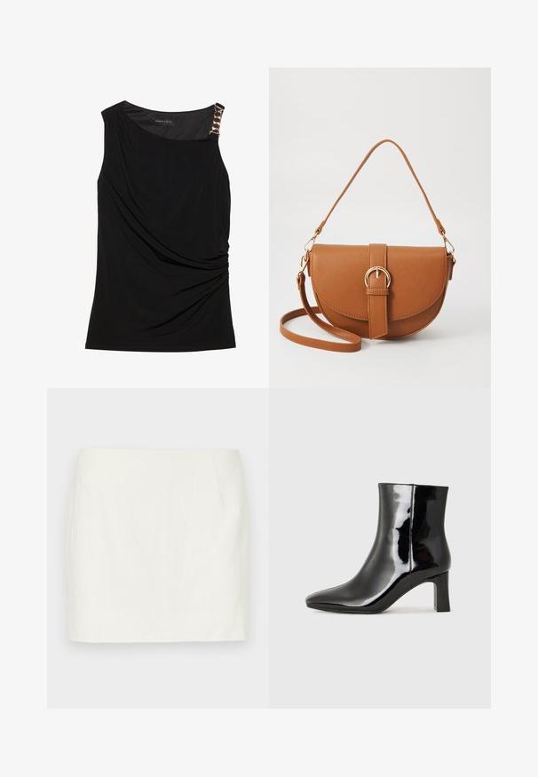 Sort ærmeløs top med samlet stof, der har en glat halsudskæring og en dekorativ guldkædeaccent på venstre skulder.; Hvid linned mini nederdel med lige snit, der har sidelommer og en glat tekstur. Ingen synlige mønstre eller accenter.; Sort lakeret ankelstøvle med spids tå og en midt-højde blokhæl. Glat tekstur og minimalistisk design.; Brun læder crossbody taske med en buet form, guldfarvet hardware og en spændeaccent. Har en aftagelig skulderrem.