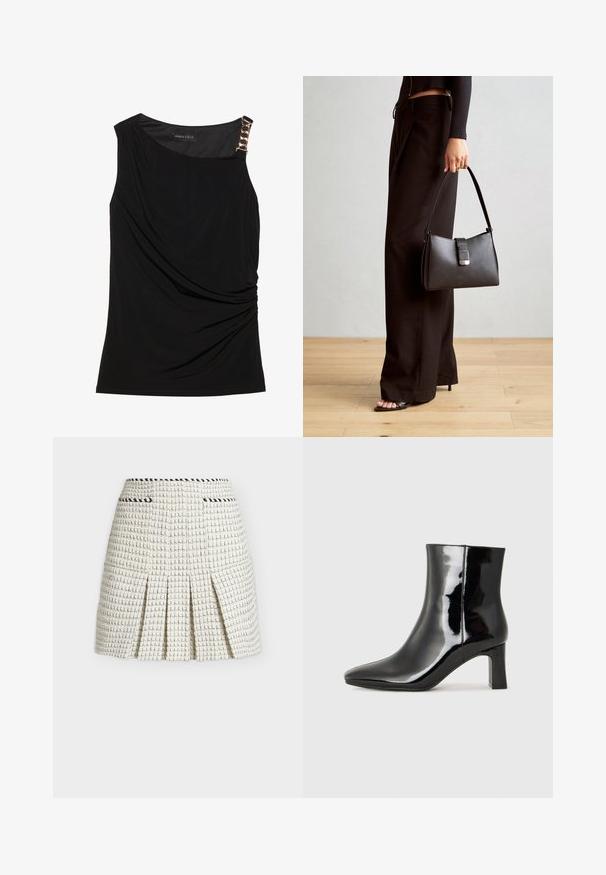 Zwart mouwloos topje met verzameld stof, met een soepele halslijn en een decoratieve gouden kettingaccent op de linker schouder.; Witte tweed minirok met een getextureerd ruitpatroon, geplooid ontwerp en contrasterende zwarte zakranden aan de taille.; Zwarte gepolijste leren enkellaars met een spitse neus en een blokhak van gemiddelde hoogte. Glad textuur en minimalistisch ontwerp.; Zwarte handtas met gestructureerde vorm, gladde textuur en een metalen sluiting. Gecombineerd met brede zwarte broeken en sandalen met open teen op een houten vloer.