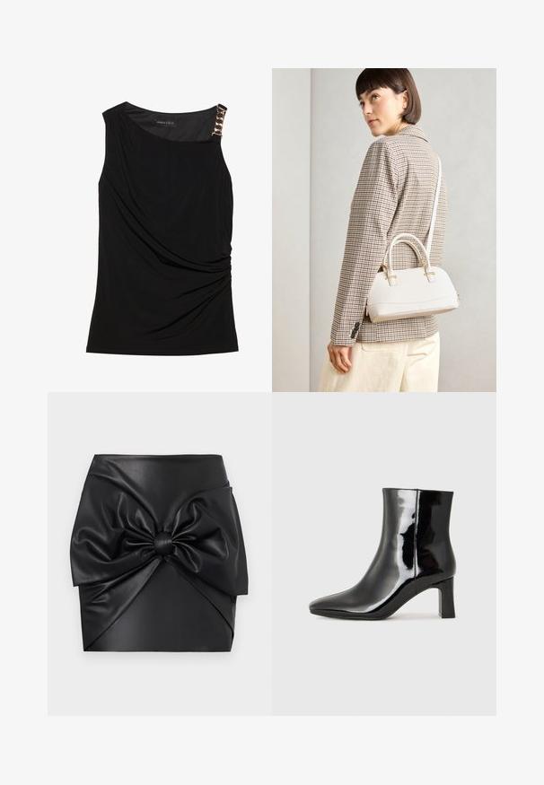 Top negro sin mangas con tejido recogido, que presenta un escote suave y un detalle decorativo de cadena dorada en el hombro izquierdo.; Falda mini de piel sintética negra con un gran diseño de lazo frontal, textura suave y silueta estructurada con detalles de pliegues.; Botín de charol negro con punta afilada y un tacón de bloque de altura media. Textura suave y diseño minimalista.; Bolso estructurado blanco con asas cortas y una correa para el hombro, que presenta detalles en dorado y material texturizado, exhibido sobre un fondo gris.