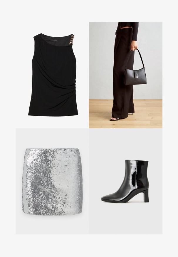 Melna bez piedurknēm virsotne ar sakrautu audumu, kurai ir gluda apkakle un dekoratīvs zelta ķēdes akcents uz kreisā pleca.; Sudraba spīdīgā miniskrēka ar pieguļošu dizainu un gludu tekstūru, kas atspoguļo gaismu savā virsmā, radot mirdzošu izskatu.; Melnas patentētas ādas potīšu zābaki ar norādītu pirkstu un vidēja augstuma kvadrātveida papēdi. Gluda tekstūra un minimālisma dizains.; Melnā somiņa ar strukturētu formu, gludu tekstūru un metālu sprādzi. Saskaņota ar platām melnām biksēm un sandālēm ar atvērtu purngalu uz koka grīdas.