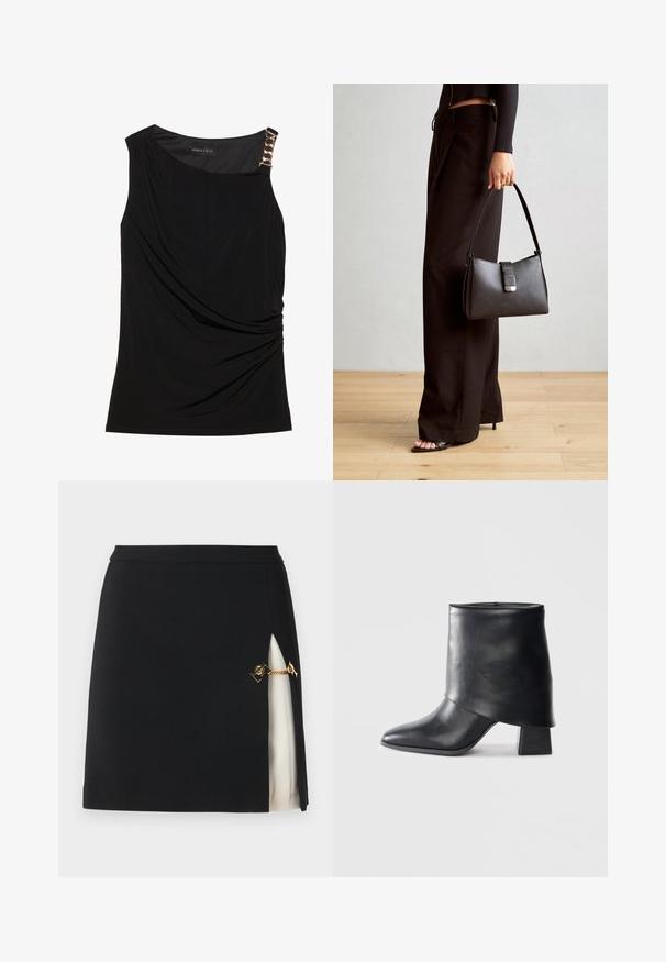 Top negru fără mâneci, cu material strâns, având un decolteu neted și un accent decorativ din lanț de aur pe umărul stâng.; Fustă mini neagră cu o fante laterală care dezvăluie un strat de bază crem, având accesorii din lanțuri aurii și un material elegant, neted.; Botine din piele neagră cu vârf ascuțit, textură netedă și toc bloc structurat. Prezintă un design cu manșetă înaltă și pliată.; Genți negre cu o formă structurată, textură netedă și un închizător metalic. Asortată cu pantaloni negri largi și sandale cu vârf deschis pe un podea din lemn.
