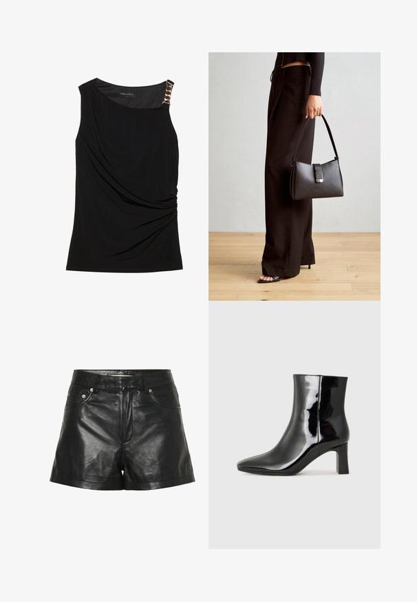 Must kohtadega must topp, millel on kogutud kangas, sile kaelus ja dekoratiivne kuldne ketti aksent vasakul õlal.; Mustad nahast lühikesed püksid, millel on sile ja läikiv tekstuur, esi-taskud, metallaktsendid ja taljesse istuv disain.; Must-sinine nahkjalats musta läikiva viimistlusega, millel on terav nina ja keskmise kõrgusega plokk konts. Sile tekstuur ja minimalistik disain.; Must musta kott, millel on struktureeritud kuju, sile tekstuur ja metallist klamber. Kombineeritud laiate mustade pükstega ja avatud varvaste sandaalidega puidust põrandal.; Kullastusust kõrvarõngaste komplekt, mis sisaldab erinevaid disaine, sealhulgas nööpe, rõngaid ja riputatavaid tükke, millel on pärlid ja rhinestones.