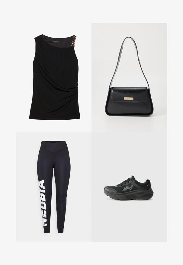 Czarna bezrękawnik z marszczonym materiałem, z gładkim dekoltem i dekoracyjnym akcentem w postaci złotego łańcuszka na lewym ramieniu.; Czarne legginsy z wysokim, skrzyżowanym pasaem z przodu. Posiadają biały, stylizowany nadruk "NEBBIA" wzdłuż lewej nogawki. Gładki, elastyczny materiał.; Skechers - Sneakersy niskie; Czarna skórzana torebka o strukturalnym, trójkątnym kształcie, z wąskim paskiem i złotymi elementami ozdobnymi, wyposażona w tabliczkę z logo na przedniej klapie.