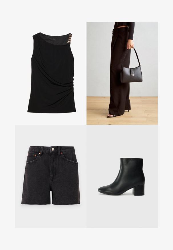 Svart ärmlös topp med samlad tyg, med en slät halsringning och en dekorativ guldkedja som accent på vänster axel.; Svarta jeansshorts med hög midja, framfickor, kopparnitar och knappstängning. Har en slät struktur och rak ben-design.; Svarta läderankelstövlar med spetsig tå och kraftig klack. Slät textur med minimala accenter och en stilren, åtsittande design.; Svart handväska med strukturerad form, slät yta och metallspänne. Matchad med vida svarta byxor och sandaler med öppen tå på trägolv.