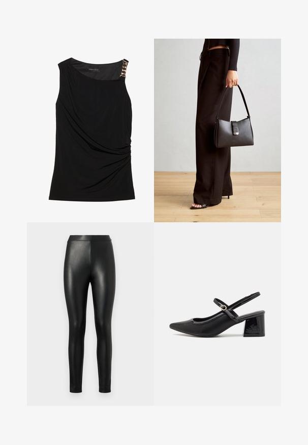 Fekete ujjatlan felső, ráncolt anyaggal, sima dekoltázzsal és díszes arany lánccal a bal vállon.; Fekete műbőr leggings sima textúrával, magas derékkal és testhezálló fazonnal, amelyek céltudatos siluettet biztosítanak.; Fekete lakk bőr, pántos magassarkú cipő, hegyes orral, lekerekített kivágással és tömbsarkal. Arany színű csat díszíti.; Fekete kézi táska strukturált formával, sima textúrával és fémből készült záródással. Széles fekete nadrággal és nyitott orrú szandállal párosítva, fából készült padlón.