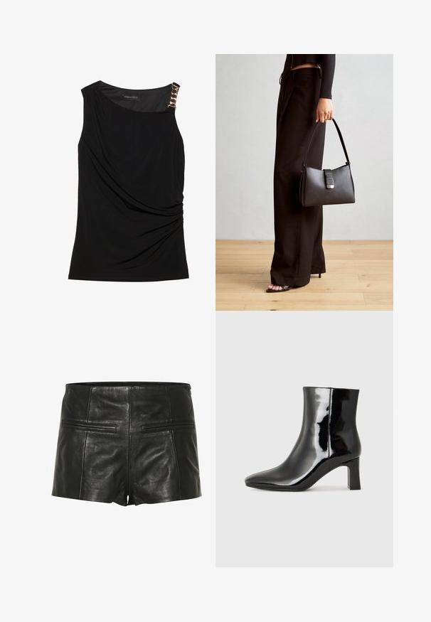 Črna brezrokavna majica z nabranim materialom, z gladkim izrezom in okrasno zlato verigo na levem rami.; Črne usnjene hlače s gladko teksturo, ki imajo dva zadnja žepa in prilegajoč dizajn. Kratka dolžina, minimalni šivi.; Črne lakirane gležnjarje z ošiljenim nosom in srednje visokim blokastim peto. Gladka tekstura in minimalističen dizajn.; Črna torbica z strukturirano obliko, gladko teksturo in kovinskim zaponko. Ujemajo se z širokimi črnimi hlačami in odprtimi sandali na lesenem tleh.