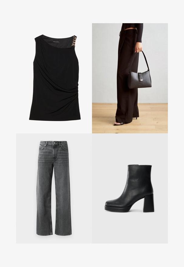 Melna bez piedurknēm virsotne ar sakrautu audumu, kurai ir gluda apkakle un dekoratīvs zelta ķēdes akcents uz kreisā pleca.; Platām kājām melni džinsi no denima ar nedaudz izbalējušu apdari, kas satur piecas kabatas un pogu aizdari. Kontrasta šuvju detaļas uzlabo dizainu.; Melna ādas potīšu zābaku ar bloku papēdi un platformas zoli, skatīts no sāna uz vienkārša balta fona.; Melnā somiņa ar strukturētu formu, gludu tekstūru un metālu sprādzi. Saskaņota ar platām melnām biksēm un sandālēm ar atvērtu purngalu uz koka grīdas.