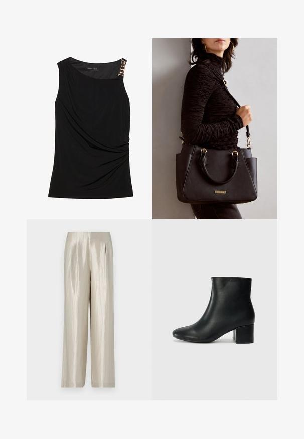 Must kohtadega must topp, millel on kogutud kangas, sile kaelus ja dekoratiivne kuldne ketti aksent vasakul õlal.; Kerged heledast beežist satiinist, millel on sile tekstuur, kõrge vöökoht, laiad sääred ja peened voldid lisadetailideks.; Mustad nahast pahkluu saapad terava varbaga ja jämeda kandaga. Sile tekstuur minimaalse aktsentidega ja stiilne, lihvitud disain.; Musthave must kott, millel on tekstuurne pind, kaks ülemist käepidet ja reguleeritav õlarihm. Omab kuldse tooni riistu ja külgtaskuid.