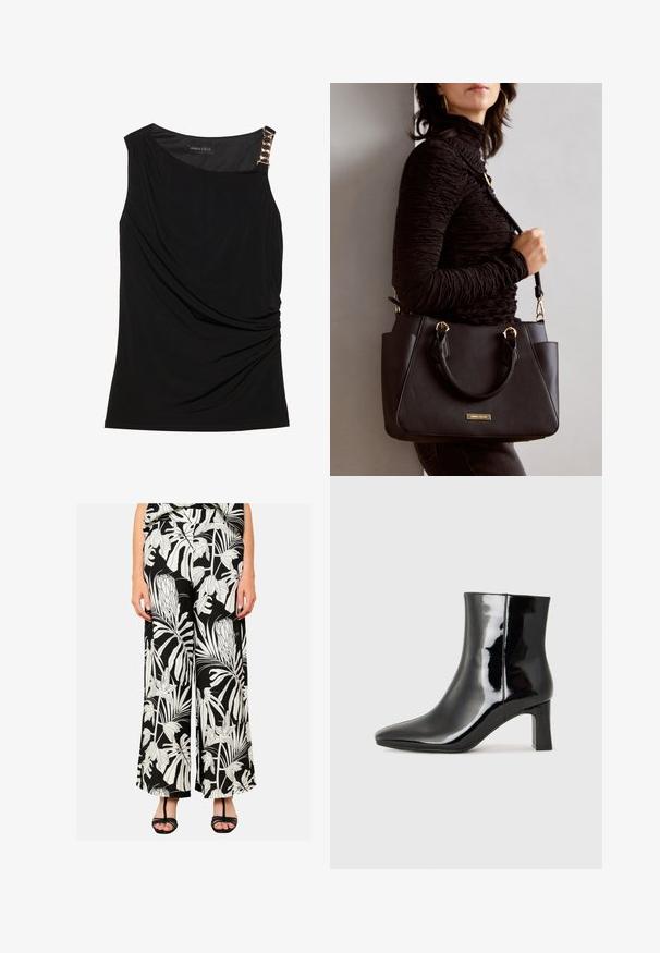 Črna brezrokavna majica z nabranim materialom, z gladkim izrezom in okrasno zlato verigo na levem rami.; LolaLiza WIDE WITH TROPICAL PRINT - Hlače - black; Črne lakirane gležnjarje z ošiljenim nosom in srednje visokim blokastim peto. Gladka tekstura in minimalističen dizajn.; Črna torbica z teksturirano površino, z dvema zgornjima ročajema in nastavljivim ramenskim pasom. Ima zlatovrateče dodatke in stranske žepe.