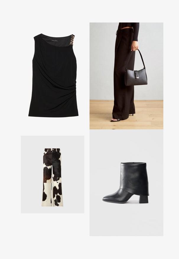 Top sans manches noir avec un tissu froncé, doté d'un décolleté lisse et d'un accent décoratif en chaîne dorée sur l'épaule gauche.; Pantalons évasés en cuir de vachette avec un design en patchwork en noir et blanc, une texture lisse et des accents de couture visibles.; Bottine en cuir noir à bout pointu, texture lisse et talon bloc structuré. Elle se distingue par un design de revers haut et plié.; Sac à main noir à la forme structurée, texture lisse et fermoir métallique. Associé à un pantalon noir ample et des sandales ouvertes sur un sol en bois.