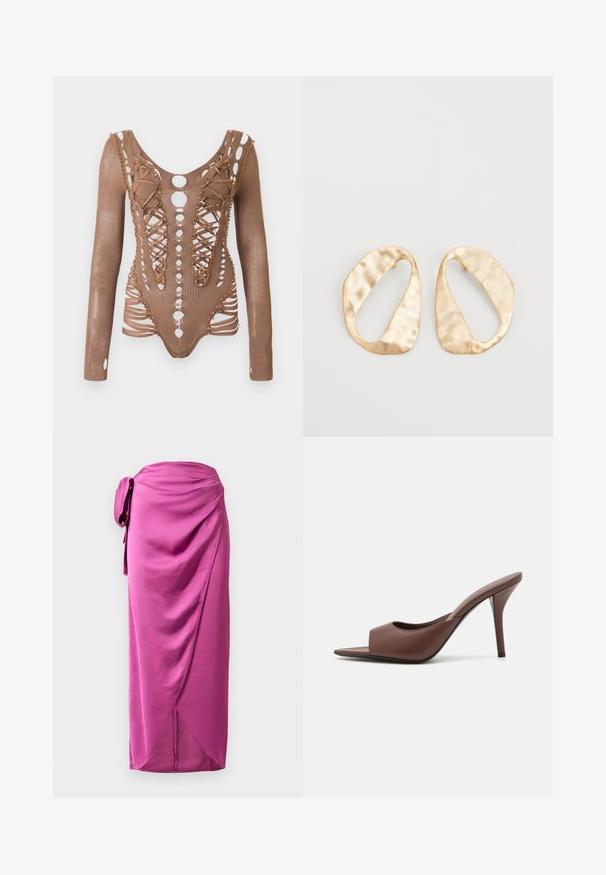 Dlouhý rukáv hnědého síťového body s propracovanými výřezy, šněrovacím detailem vpředu a dekoračními korálky podél okrajů na bílém pozadí.; Růžová zavinovací sukně se šněrováním na boku, vyznačující se drapovanou tkaninou, hladkým povrchem a asymetrickým lemem. Lehce materiál s volným designem.; Hnědé kožené otevřené lodičky na vysokém podpatku s elegantním designem, které mají široký přední pás a štíhlý jehlový podpatek.; Pár nepravidelných oválných náušnic z kovu pozlaceného zlatem s texturovaným, mírně kladivkovým povrchem na bílém pozadí.