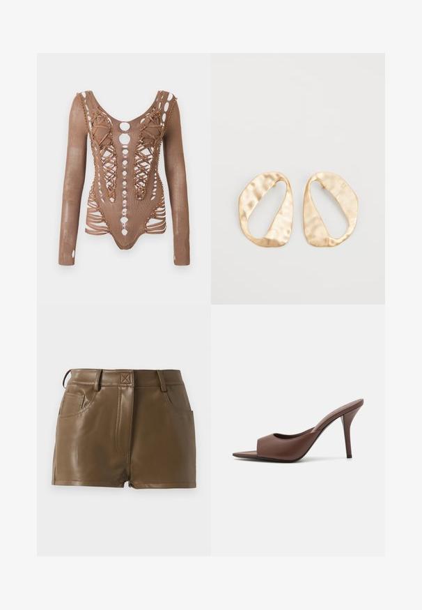 Ilgaamžis rudas tinklinis bodysuit'as su sudėtingais išpjovimais, raištelių detalėmis priekyje ir dekoratyvine karoliukų puošyba kraštuose, priešais baltą foną.; Rudos dirbtinės odos šortai su prigludusia forma, juosmens juosta su diržo kilpomis, priekinės kišenės ir matomi siuvimo detalės.; Rudi odos atviri aukšti kulniukai su elegantišku dizainu, turinčiu plačią priekinę juostą ir siauromis stiletto kulkšnimis.; Nedidelis nereguliarus ovalo formos aukso tono metalinių auskarų pora su tekstūruota, šiek tiek kalta paviršiumi ant balto fono.