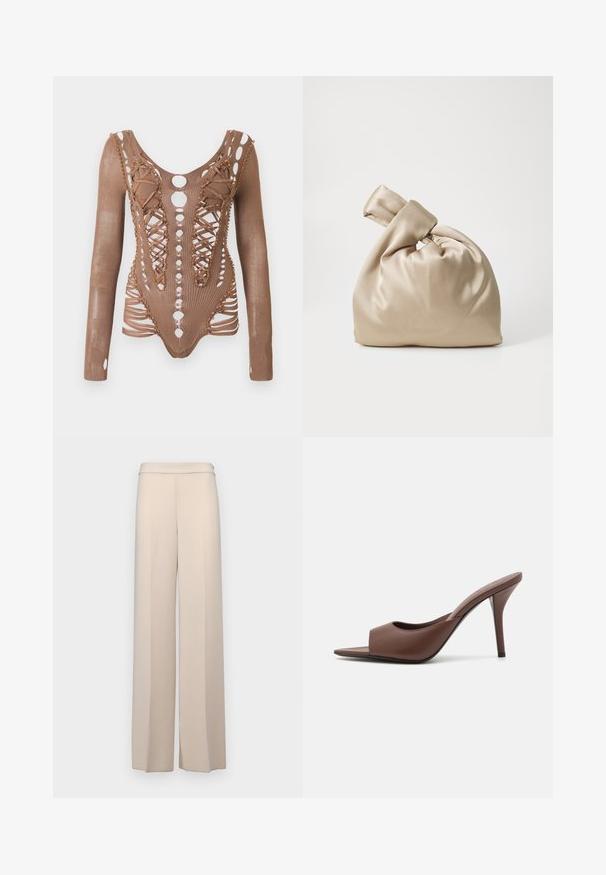 Dolga mrežasta bodysuit v rjavi barvi z zapletenimi izrezi, podrobnostmi s čipkastim vezanjem na sprednjem delu in dekorativnimi biseri ob robovih na beli podlagi.; Bež hlače širokih nogavic iz gladkega materiala, z visokim pasom in diskretnimi sprednjimi gubami. Brez žepov ali vidnih kovinskih detajlov.; Rjave usnjene mule z odprtim prstom in visokim peto, s športnim dizajnom, ki vključuje širok sprednji trak in tanek stiletto peto.; Bežna satenska torba s čvorastim vrhom, ki ima mehko, gladko teksturo in zaobljeno obliko, zasnovana za preprostost in eleganco.