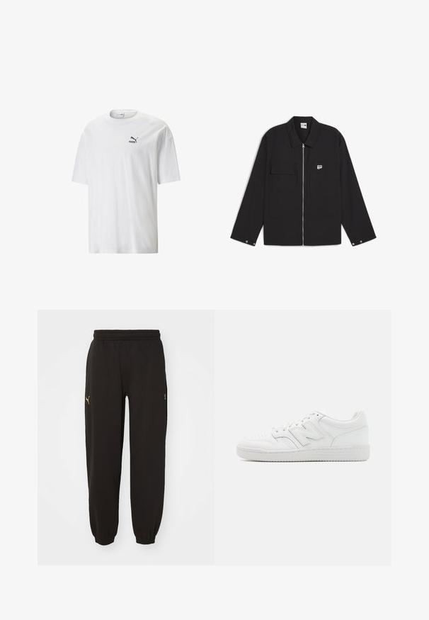 Balta kokvilnas T-krekls ar apaļu kakla izgriezumu un īsām piedurknēm. Uz kreisā krūškurvja ir neliels melns Puma logo. Gluda tekstūra, ikdienišķs piegriezums.; Melnas apģērbs ar rāvējslēdzēju, ar punktveida apkakli, divām priekšējām kabatām un mazu logo plāksteri uz krūtīm. Audumam ir gluda tekstūra.; Melnas sporta bikses no mīksta auduma, ar auklu jostu, elastīgām bikšu piedurknēm un zelta logo akcentu uz kreisās kājas.; Balti sporta apavi, izgatavoti no gludas ādas, ar perforētu purngalu, struktūrētu gumijas zoli, plakaniem auklām un izteiktu 'N' logotipu sānos.