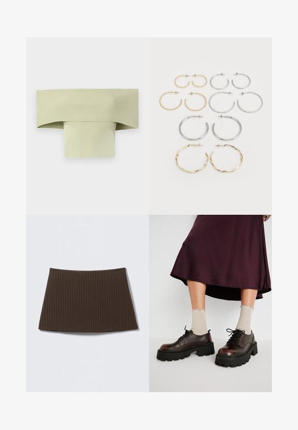 Paljaste õlgadega ribakujuline topp helesinisest, laia voltitud kraega ja tihedalt kehaümaras vormis, valmistatud venivast materjalist.; Pruun triibuline seelik, millel on liibuva lõikega disain, sile tekstuur ja väljapeetud äär, sobib ideaalselt kohandatud välimuseks.; Pruunist nahast platvormikingad chunky mustade talladega, koos ribastatud beežide sokkidega, millel on lainelise äärega serv, tuhmil taustal.; Kaksitoista rõngaskõrvarõngast hõbe- ja kuldtoonides. Sisaldab keerutatud, siledat ja tekstureeritud disaini erinevates suurustes ja viimistlustes.