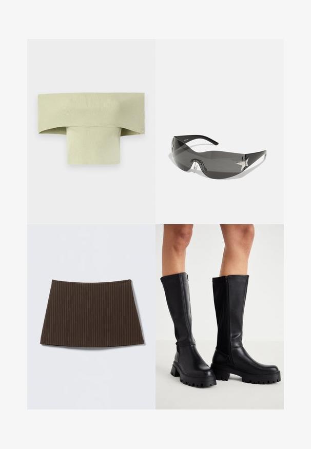 Ribbed, off-the-shoulder top in pale green, with a wide folded neckline and a snug, form-fitting shape, made from stretchy material.; Brown pinstriped skirt with a fitted design, smooth texture, and a flared hem, ideal for a tailored look.; Black knee-high boots made of smooth faux leather with a chunky sole, side zip closure, and a rounded toe design.; Black sunglasses with a wrap-around design, dark tinted lenses, shiny star-shaped accents, and adjustable nose pads.; Set of twelve hoop earrings in silver and gold tones. Includes twisted, smooth, and textured designs with various sizes and finishes.