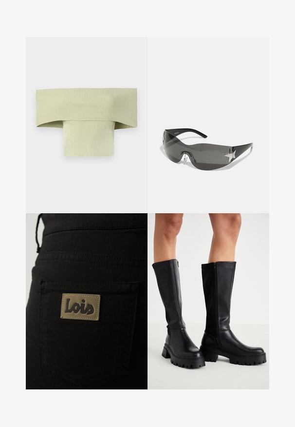 Viskosallinen, olkapäiltä avattu paita vaaleanvihreänä, leveällä käänteellä kaulussa ja tiukasti istuvassa, vartalonmyötäisessä muodossa, valmistettu joustavasta materiaalista.; Mustat kangashousut, joissa on takatasku, jossa on vaalea etiketti, johon on kohotuskirjoitettu "Lois" tummalla tekstillä. Ompeleet näkyvät selvästi.; Korkeat mustat saappaat, jotka on valmistettu sileästä keinonahasta, paksulla pohjalla, sivuvetoketjulla ja pyöreällä varvasmuotoilulla.; Musta aurinkolasit, joissa on ympäröivä muotoilu, tummat tummennuslinssit, kiiltävät tähtimuotoiset koristeet ja säädettävät nenätyynyt.; Kaksitoista rengaskiinnityksellä olevaa korvakorua hopea- ja kultasävyissä. Mukana on kiemuraisia, sileitä ja teksturoituja malleja eri kokoisina ja viimeisteltyinä.