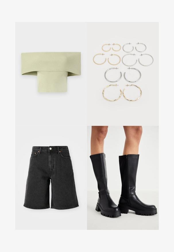 Ribbed, off-the-shoulder top in pale green, with a wide folded neckline and a snug, form-fitting shape, made from stretchy material.; Black denim shorts with a high waist, featuring five pockets, copper rivets, and a dark wash texture. Straight leg cut with a clean hem.; Black knee-high boots made of smooth faux leather with a chunky sole, side zip closure, and a rounded toe design.; Set of twelve hoop earrings in silver and gold tones. Includes twisted, smooth, and textured designs with various sizes and finishes.