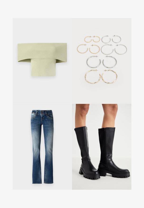 Paljaste õlgadega ribakujuline topp helesinisest, laia voltitud kraega ja tihedalt kehaümaras vormis, valmistatud venivast materjalist.; Sinine teksakangast laienev säär, millel on veidi kulunud pesu, kahe nupu sulgus ja dekoratiivne õmblus esi-taskutel.; Mustad põlvikud, mis on valmistatud siledast sünteetilisest nahast, pakuvad paksu tallaga, küljepeegli sulgemise ja ümmarguse varbaga disaini.; Kaksitoista rõngaskõrvarõngast hõbe- ja kuldtoonides. Sisaldab keerutatud, siledat ja tekstureeritud disaini erinevates suurustes ja viimistlustes.