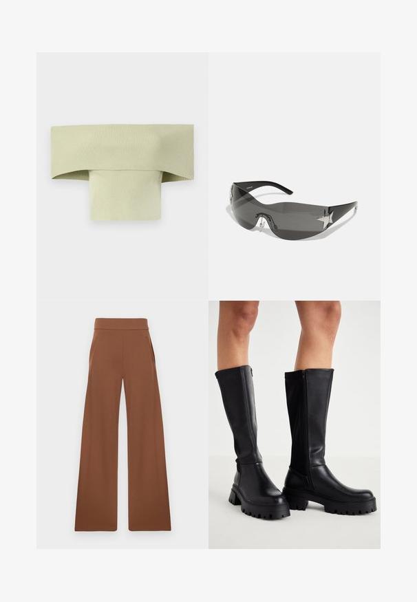 Top a coste, off-the-shoulder, di colore verde pallido, con un ampio collo ripiegato e una forma aderente e attillata, realizzato in un materiale elasticizzato.; Pantaloni a gamba larga marroni realizzati in un tessuto liscio e stretch. Presentano una vita alta e tasche laterali, progettati per un fit rilassato.; Stivali neri al ginocchio realizzati in morbida pelle sintetica, con una suola spessa, chiusura laterale a zip e puntale arrotondato.; Occhiali da sole neri con design avvolgente, lenti scure, rifiniture a forma di stella brillanti e naselli regolabili.; Set di dodici orecchini a cerchio in tonalità argento e oro. Include design attorcigliati, lisci e testurizzati con varie dimensioni e finiture.