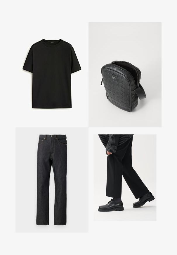 Czarny bawełniany t-shirt z klasycznym okrągłym dekoltem, krótkimi rękawami i luźnym krojem. Gładka faktura, bez wzorów ani ozdób.; Ciemnoniebieskie dżinsy o prostym kroju nogawki. Posiadają pięć kieszeni, pomarańczowe przeszycia oraz zapięcie na guzik w talii.; Czarne skórzane buty z okrągłym noskiem, sznurowanym zapięciem i grubą, fakturowaną podeszwą. Noszone z dopasowanymi czarnymi spodniami i swetrem z prążkowanej tkaniny.; Czarna, teksturowana skórzana torba o geometrycznym wzorze, prostokątnym kształcie, z górnym zamkiem błyskawicznym i krótkim uchwytem. Posiada naszywkę z logo z przodu.; Zegarek na rękę Timex z srebrną tarczą, czarnymi znacznikami godzin i stalową kopertą. Posiada teksturowany czarny skórzany pasek. Prosty, elegancki design.