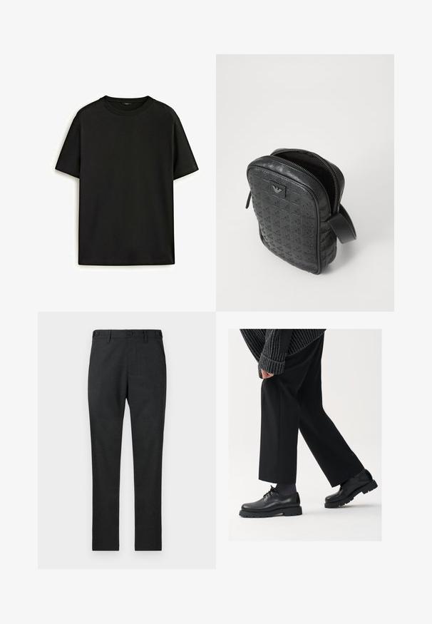 T-shirt en coton noir avec un col rond classique, des manches courtes et une coupe décontractée. Texture lisse, sans motifs ni embellissements.; Pantalons gris foncé en tissu texturé avec une coupe droite, comportant deux poches avant et deux fermetures à boutons à la taille.; Chaussures en cuir noir à bout arrondi, à lacets, avec une semelle épaisse et texturée. Portées avec un pantalon noir ajusté et un pull à côtes.; Sac en cuir noir texturé avec un motif géométrique, de forme rectangulaire, fermeture éclair supérieure et une courte poignée. Présente un patch logo à l'avant.