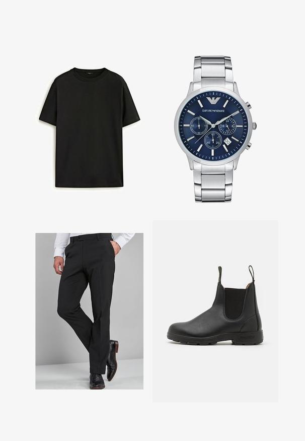 Black cotton t-shirt with a classic crew neck, short sleeves, and relaxed fit. Smooth texture, no patterns or embellishments.; Black dress pants with a tailored fit, featuring a smooth texture, straight legs, and belt loops, paired with polished black dress shoes.; Black leather Chelsea boot with elastic side panels, pull tab, rugged rubber sole, and stitched detailing. Smooth texture throughout.; Emporio Armani Chronograph watch - silver-coloured