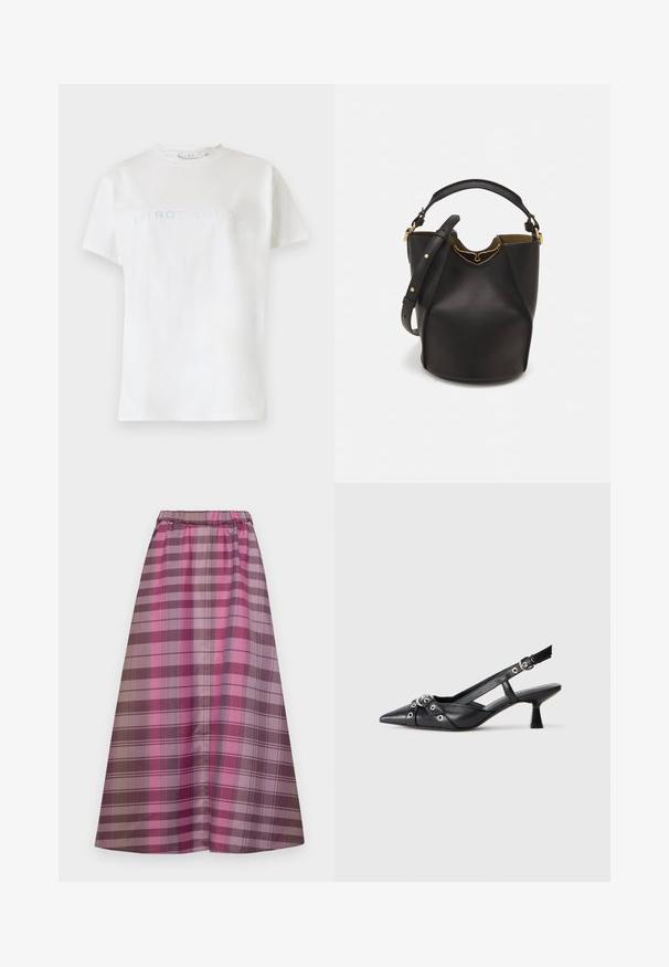 Witte katoenen t-shirt met korte mouwen en ronde hals, met het woord "INTROSPECTIE" in lichtblauwe tekst over de borst.; Lange geruite rok in verschillende tinten roze, paars en bruin. Gemaakt van zachte stof met een elastische tailleband voor comfort.; Zwarte leren slingback schoen met een puntige neus, decoratieve banden met metalen oogjes en een lage blokhak. Textuur oppervlak.; Zwarte leren emmer tas met een gestructureerde afwerking, gouden hardware accenten en een open bovenkant. Heeft een korte handgreep en een verstelbare schouderriem.