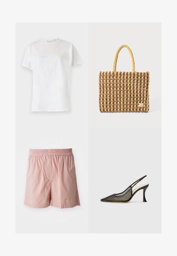T-shirt en coton blanc à manches courtes et col rond, avec le mot "INTROSPECTION" écrit en texte bleu clair sur la poitrine.; Shorts rose clair avec des rayures verticales rouges et blanches. Taille élastique ; coupe décontractée ; texture lisse avec un minimum de détails.; Escarpin noir à talon haut avec un bout pointu, des détails en mesh et un cap en cuir lisse. Les couleurs incluent du noir et des accents beiges.; Sac tissé marron et jaune, de forme rectangulaire, avec deux poignées, et une finition texturée avec des coutures visibles et une étiquette de marque.