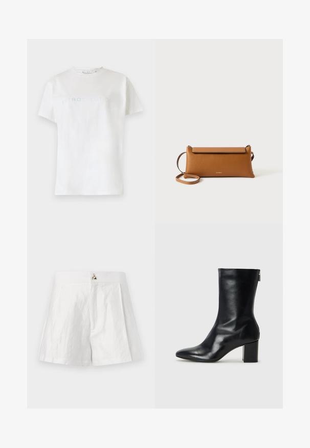 T-shirt en coton blanc à manches courtes et col rond, avec le mot "INTROSPECTION" écrit en texte bleu clair sur la poitrine.; Shorts en lin blancs avec une taille plate, un design à plis sur le devant et un accent de logo métallique au centre avant.; Bottine en cuir noir avec un bout pointu et un talon carré de 4 cm. Design élégant avec une fermeture éclair sur le côté pour un enfilage facile. Texture lisse.; Sac à main en cuir brun, de forme rectangulaire, surface texturée, bandoulière amovible, fermeture éclair, logo subtil estampé à l'avant.